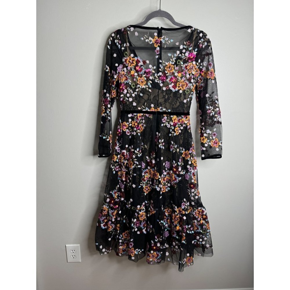Mac Duggal 67499 Floral Lace & Sequin Long Sleeve Tulle Tea Length Dress 4 NWT - Picture 4 of 6